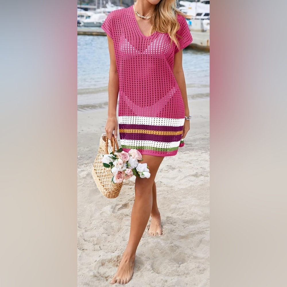 New-XL-crocheted Pink Mesh Beach Cover-Up
V Neck Swimwear  Mesh Mini Dress - Picture 6 of 6